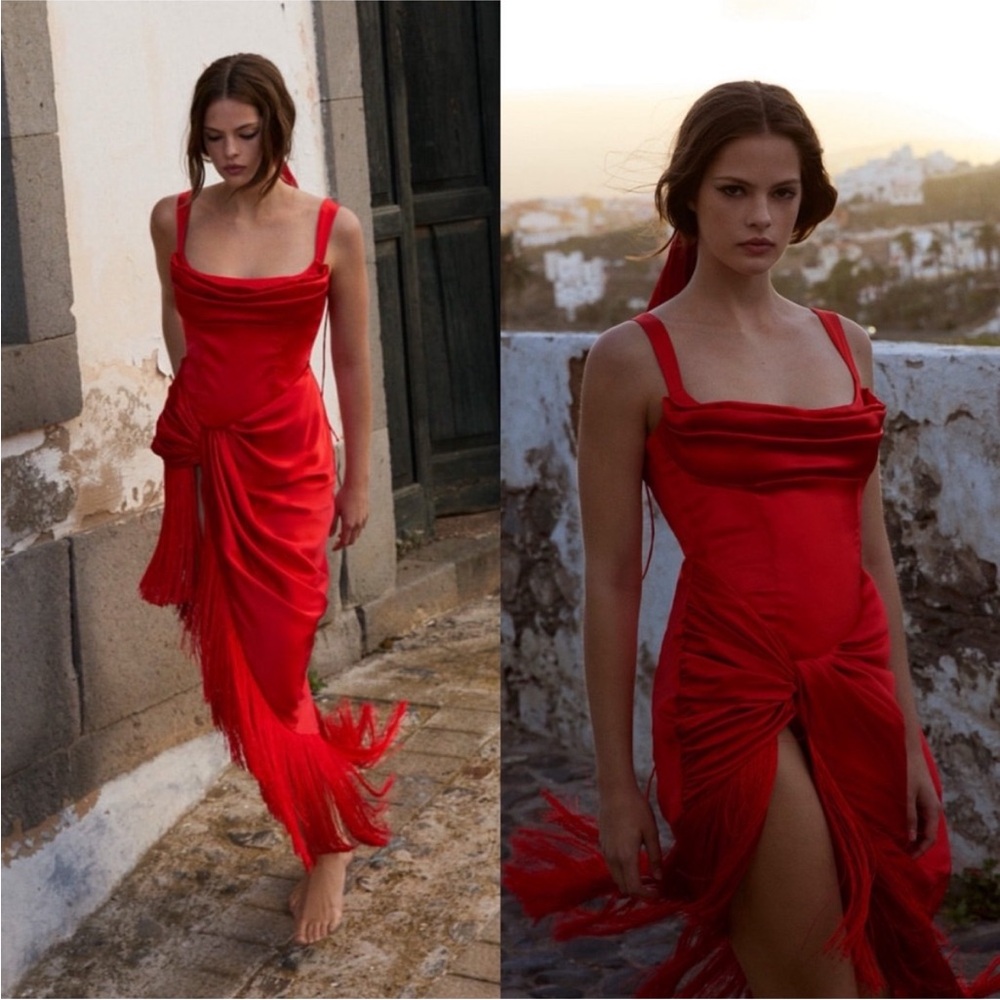 NWT For Love & Lemons Anisa Asymmetrical Silk Fringe Midi Dress - Picture 16 of 16